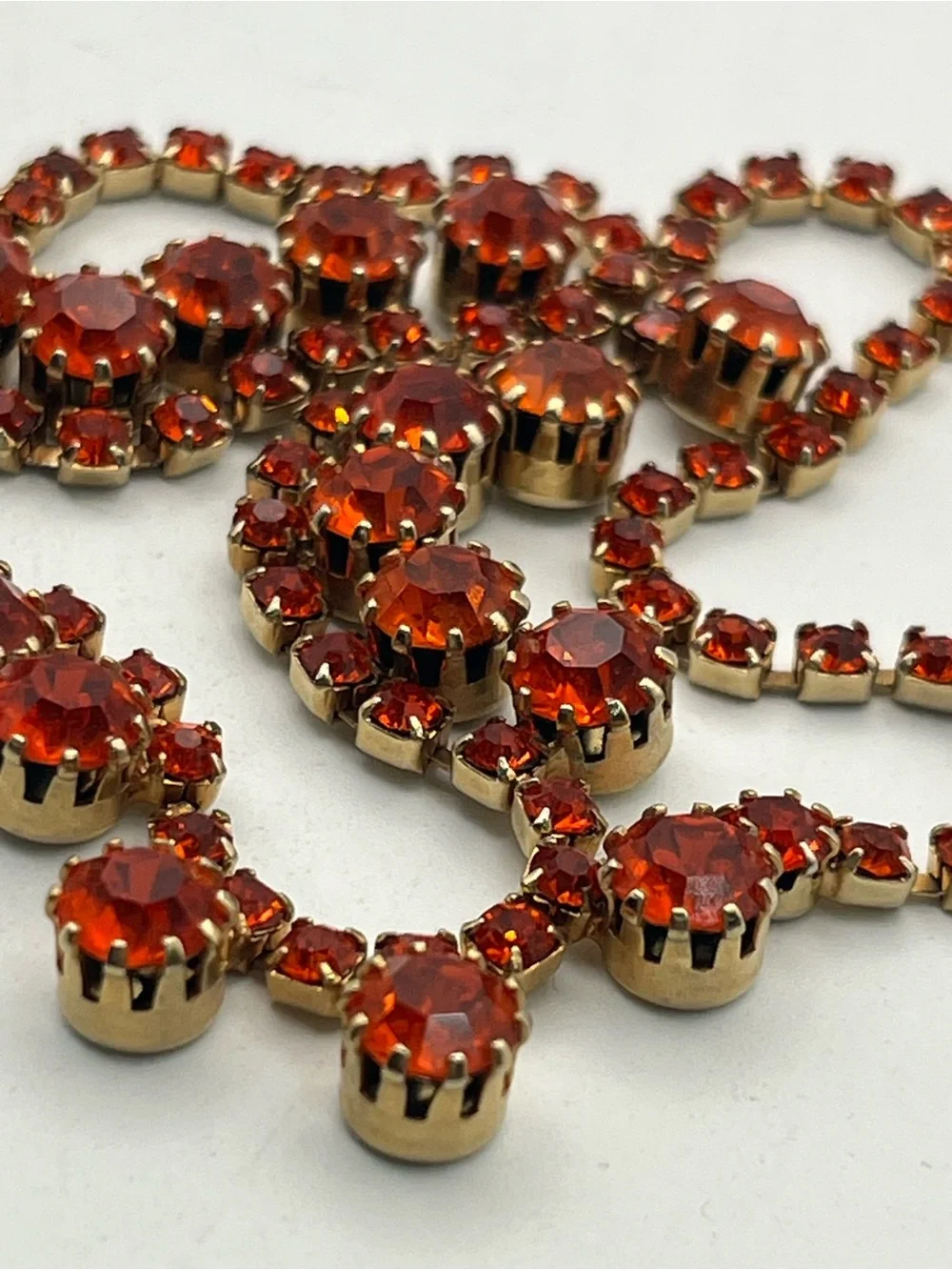 Orange rhinestone tennis necklace gold tone vintage sparkly